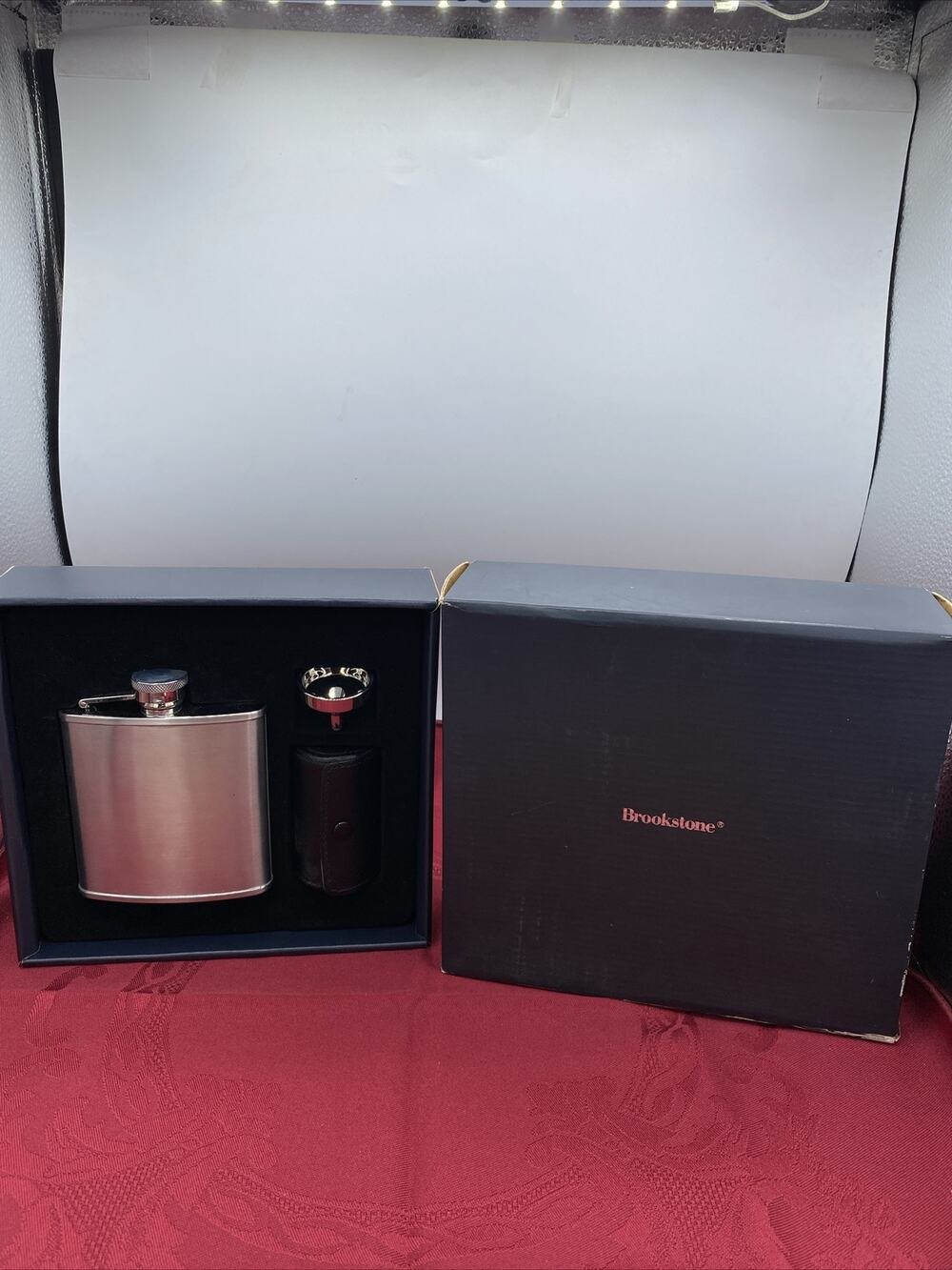 BROOKSTONE 6 Piece 5oz Stainless Steel FLASK 4 SHOT GLASSES & FUNNEL NEW